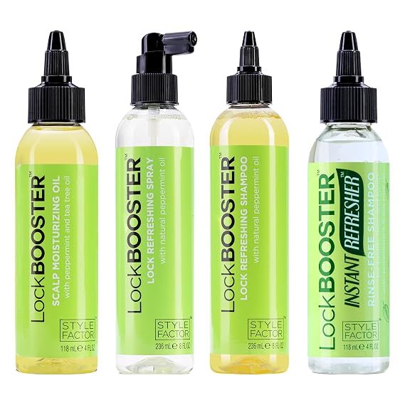 Style Factor LockBOOSTER Refresher Line Bundle Instant Refresher Rinse-Free Shampoo, Refreshing Shampoo, Refreshing Spray & Scalp Moisturizing Oil with Peppermint & Tea Tree For Locs and braids