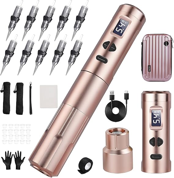 Tatioo Machine Set Beginner INKCHUM Permanent Make Up Machine Pen Set with 2 Batteries 10W Coreless Motor Digital OLED Display Equipment for Professionals and Beginner Artists PMU Machine (Rose gold)