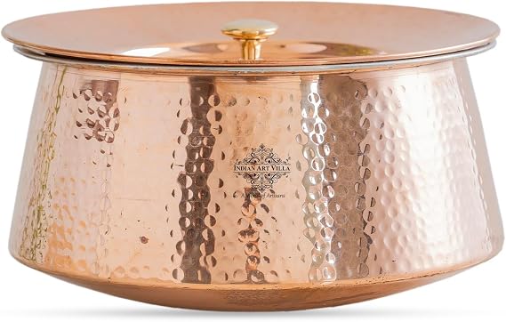 Indian Art Villa Hammered Copper Cooking Handi with Lid, Copper Tin Lining 135 Oz, Traditional Indian Cookware & Serveware