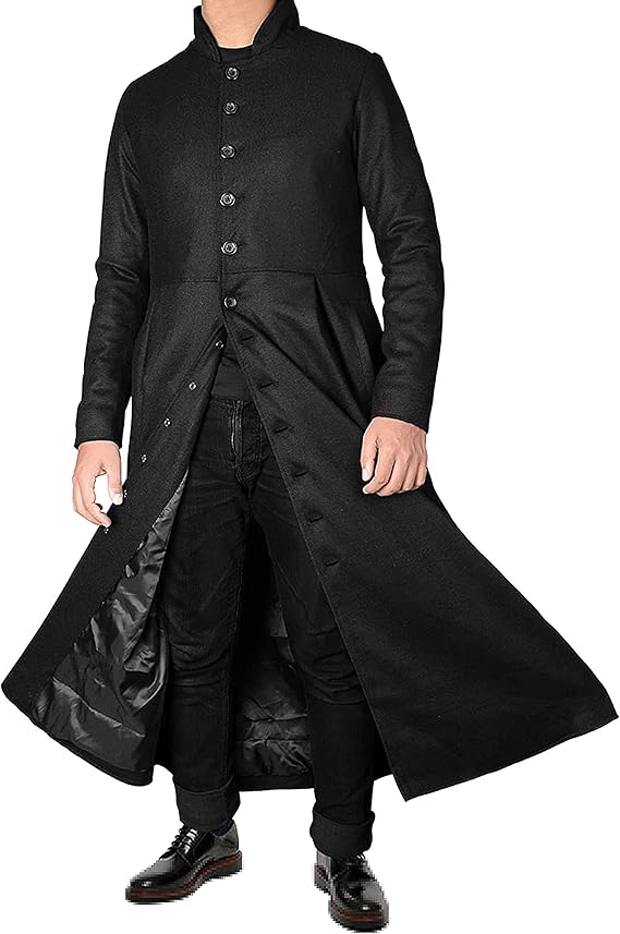 Black Leather Trench Coat Mens - Full Length Mens Winter Jacket - Wool and Cotton Duster Overcoat Men