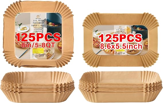 Air Fryer Liners Disposable - 125pcs 8 Inch Square and 8.6x5.5 Inch Rectangular for 5-8QT Fryers, Baking, Roasting, Microwave - Ninja Dual Airfryer Compatible