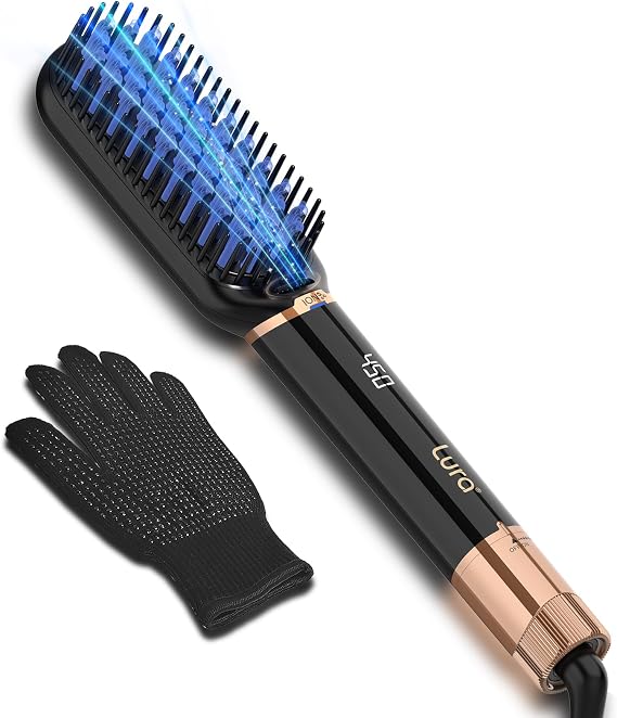 LURA Ionic Hair Straightener Brush,Dual Voltage Hair Straightening Brush for Women,High Heat Flat Iron Brush for Black Women,Ceramic Hair Straightener Comb with 6 Adjust Temperature