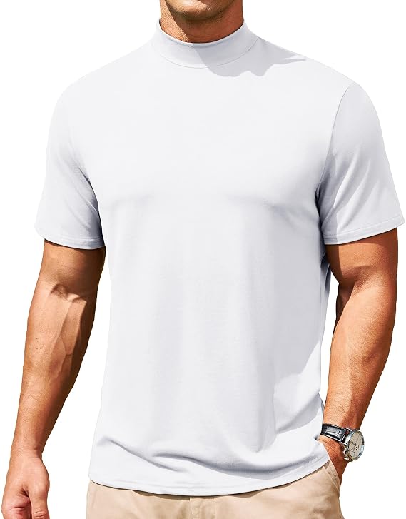 Mens Mock Turtleneck Short Sleeve Soft Basic T-Shirts Solid Pullover Tops