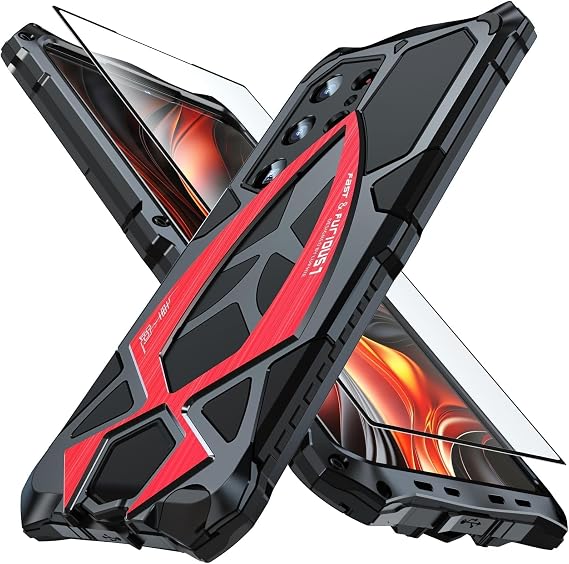 Armor Phone Case for Samsung Galaxy S24 Ultra Military Grade Drop Protection Cover S24Ultra 5G Heavy Duty Hybrid Metal Bumper Built-in Silicone Shockproof Dustproof - Black + Red | Armor Heavy Duty, Full Body Cover, Aluminium Bumper, Built-in Silicone Shockproof Dustproof with Screen Protector