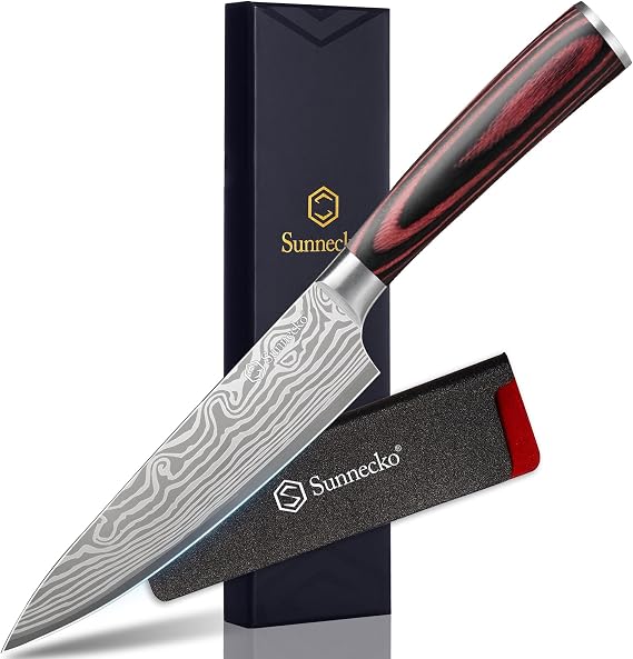Sunnecko 5.5 Inch Small Chef Knife - Ultra Sharp 12-15 Degree Edge Kitchen Knife for Meat Vegetable Cutting Japanese Style with Sheath, High Carbon Stainless Steel Blade, Cooking Father Day Gift