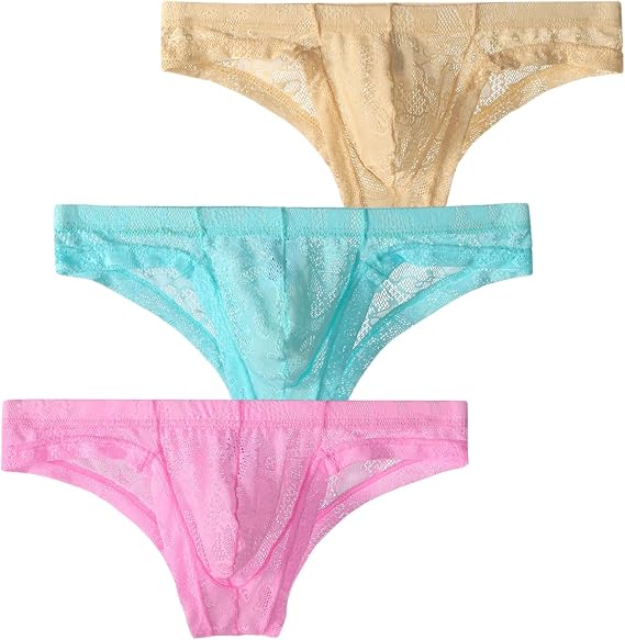 Men Lace Transparent Bikini Briefs Low Rise Bulge Pouch Underwear | Breathable, Sexy See Through, Stretchy, Lightweight, Comfortable, High Slit, 3D Convex Pouch Underpants 3 Pack