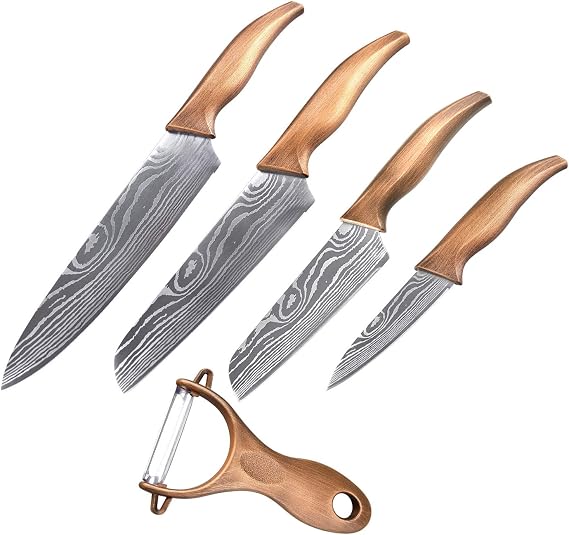 Matte Black Titanium Plated Stainless Steel Kitchen Knife Set Chef Kitchen Knife Set Professional 8" Chef Knife, 7" Utility Knife, 5" Fruit Knife, 3.5" Paring Knife, 1 Peeler