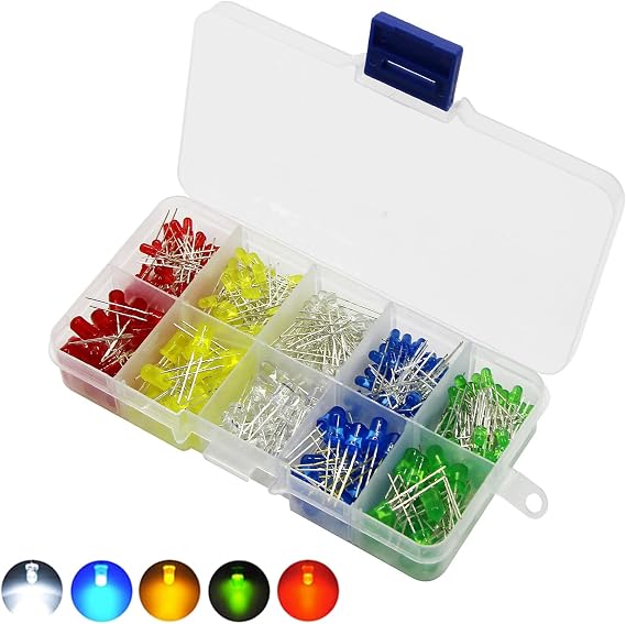 200pcs 5mm 2pin LED Light Emitting Diodes Round Head Lamp Resistor Assorted Kit,DIY, Light Lamps,5 Colors