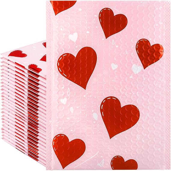 50 Pcs Bubble Mailers, 6 x 9 Inch, Valentine, Red Heart