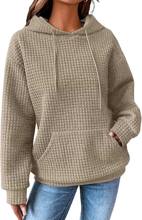 SHEWIN Women Fall Waffle Hoodies Pullover Tops Hooded Sweatshirt