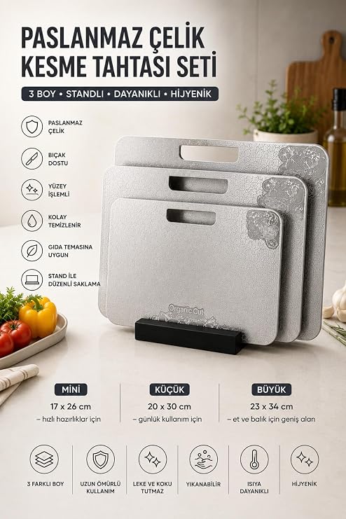3’lü 304 Paslanmaz Çelik Kesme Tahtası Seti – Ahşap Standlı, Çift Taraflı Desenli Yüzey, Bulaşık Makinesinde Yıkanabilir, Günlük Mutfak Kullanımı İçin Mini, Küçük ve Büyük Boy (17x26 / 20x30 / 23x34 c