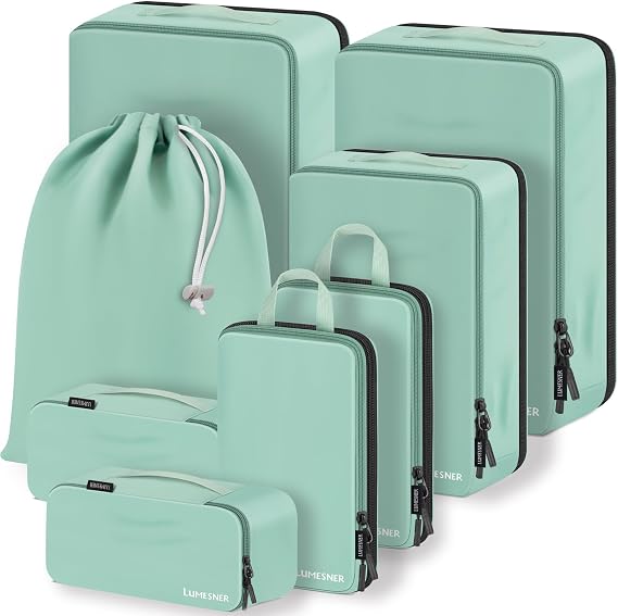 Compression Packing Cubes, Lumesner 8 Set Travel Essentials Packing Cubes for Carry on Suitcases, Compression Suitcase Organizers Bag Set & Travel Cubes (8-piece, Green)