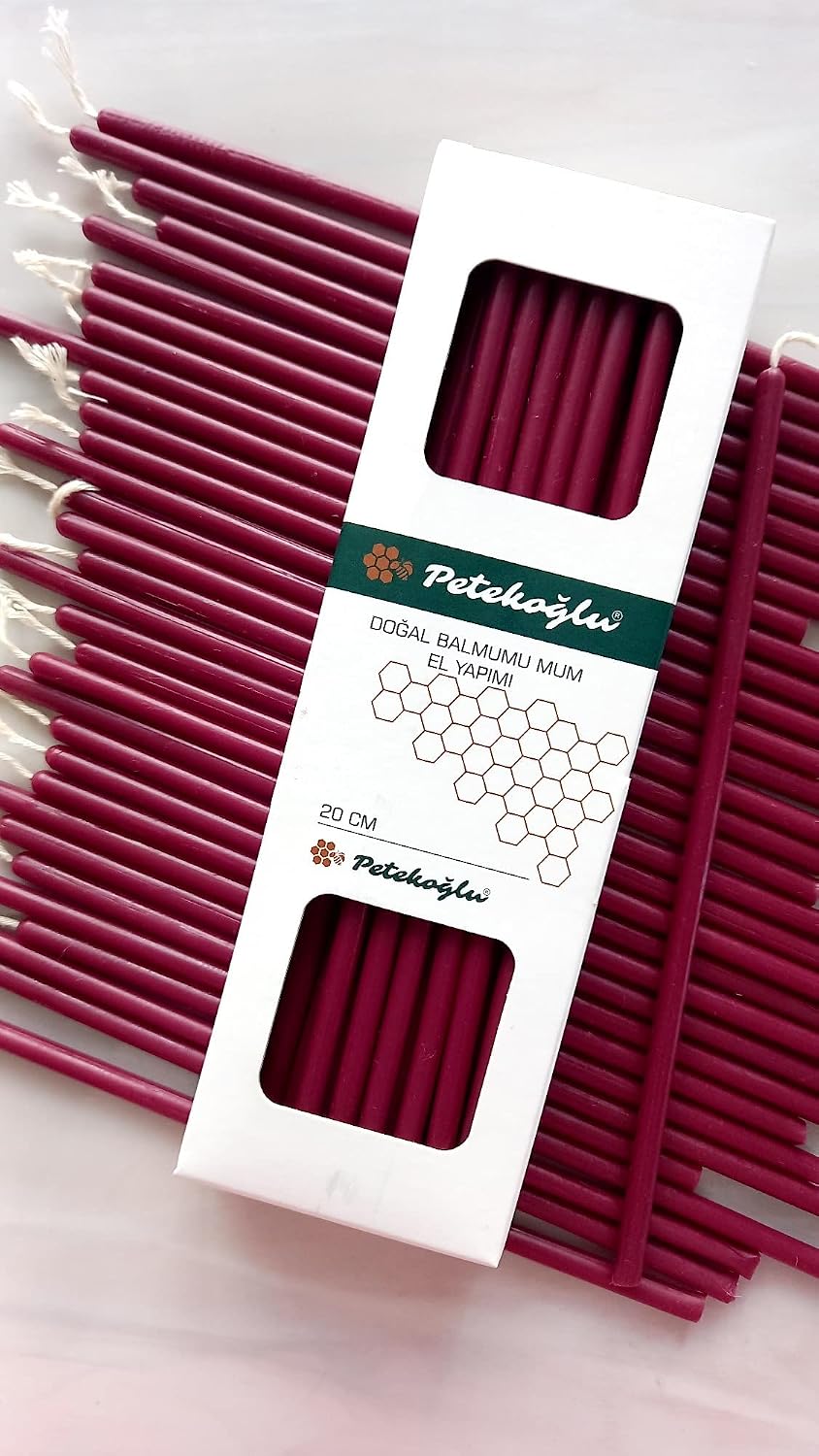 Petekoğlu 40 Adet Bordo Balmumu Mum Dilek Mumu Doğal Petek Ince Uzun Parti Rituel Doğum Günü Mumu Beeswax Candle [Enerji Sınıfı A]