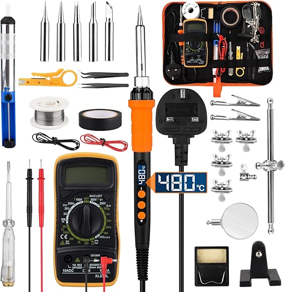 Soldering Iron Kit 90W with LCD Adjustable Temperature 180-480°C Fast Heating Ceramic Core, 19 Piece Soldering Kit with 5 Tips, Desoldering Pump, Wire, Multimeter
