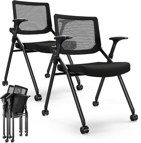 Foldable Office Chair with PU Wheels and Smooth Armrest, Ergonomic Mesh Bouncing Back, Stackable Conference Room Chair, Office Guest & Reception & Meeting Chair (Black) (2, Black)