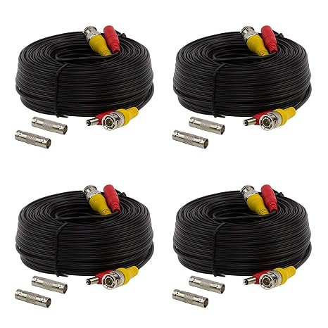 4 Pack 60Ft Serveillance Camera Cables, All in One Video and Power Extension Cables for CCTV Camera DVR Security Systems, Includes BNC Connectors