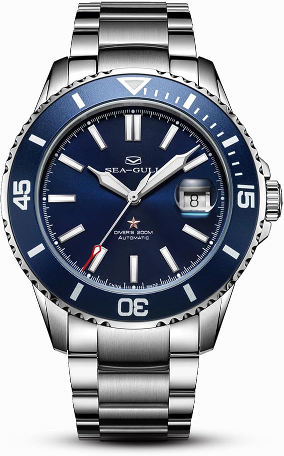 SEA-GULL Men's Automatic Mechanical Diving Watch, Stainless Steel Waterproof Business Dress Luminous Calendar Wrist Watches,44mm,Ocean Series