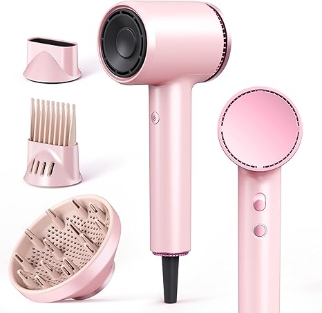 High-Speed Ion Hair Dryer with Diffuser: 1600 W 110000 rpm Hair Dryer 2 Speeds & 4 Heat Settings Compact & Lightweight Quiet Hair Dryer for Women (Pink)