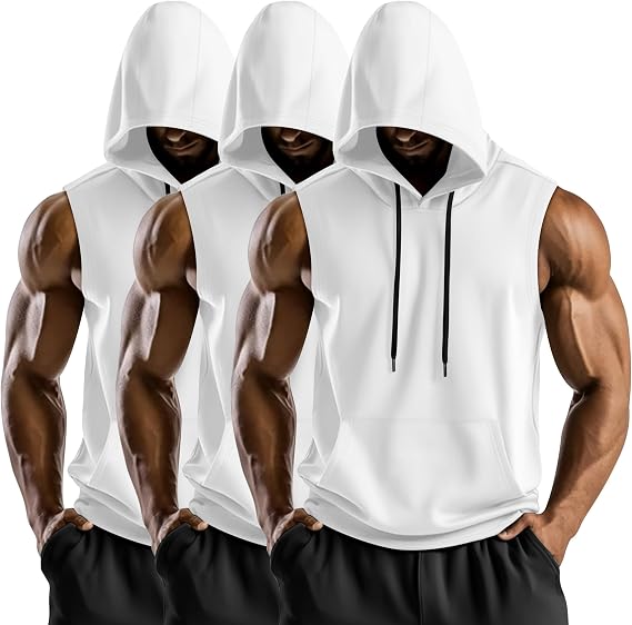 August Alley 3 Pack Men's Hooded Tank Tops, Workout Sleeveless Gym Hoodie Muscle Bodybuilding Running Cut Off Shirts