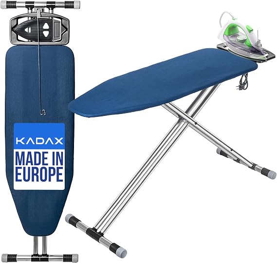 KADAX Aluminium Ironing Board 120 x 42 cm - Sturdy Ironing Board for Steam Ironing Station Foldable Height Adjustable Lightweight and Portable with Iron Rest and Cable Holder Made in EU