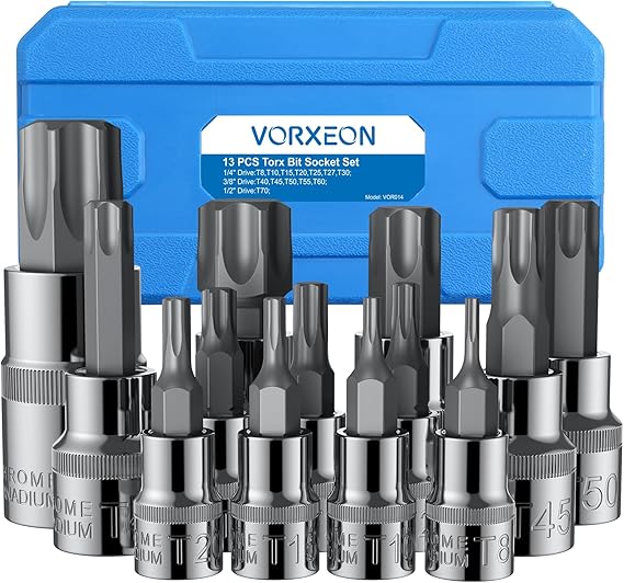 13PCS Torx Socket Set T8-T70 Star Socket Set 1/4 3/8 1/2 Inch