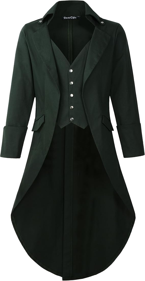 Mens Gothic Tailcoat Jacket Black Steampunk VTG Victorian High Collar Coat