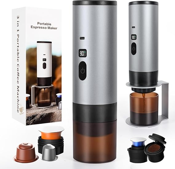 SOPPY Portable Coffee Machine with Coffee Drip Stand, Espresso Machine, Camping Mini Coffee Machine, Capsule Machine, Self-Heating, Compatible with Ground Coffee & Coffee Capsules, Grey