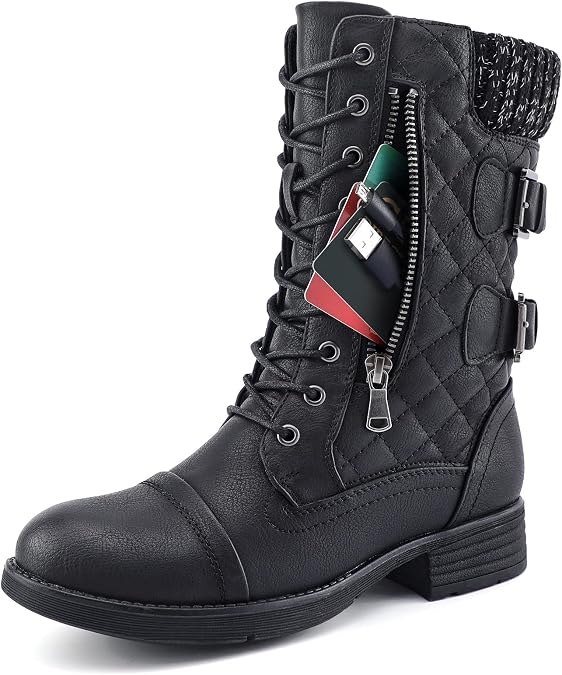 STQ Womens Combat Boots Mid Calf Winter Snow Boots Side Zip & Hidden Pocket | Slip Resistant, Water Resistant, Vegan, Side Zipper, Padded Collar, Round Toe, Low Heel, Military, Motorcycle, Fall