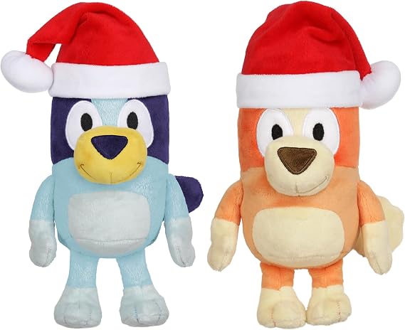 Bluey Toddler Plush Toys Pack of 2, 7-8, Soft, Festive Holiday Season Plush Figure Toys with Santa Hats, Cuddly Plush Animals for Kids Ages 3+