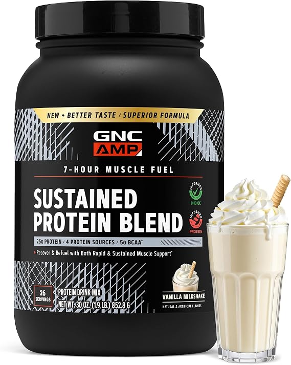 GNC AMP Sustained Protein Blend, Vanilla Milkshake, 30 Oz, 26 Servings