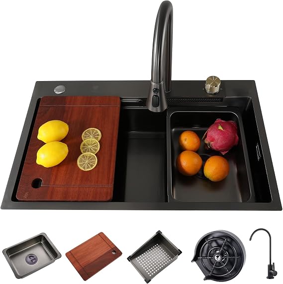 Stainless Steel Kitchen Sink With Waterfall Water Tap Set Black Farmhouse Sink Gold Workstation Sink With Cup Washer Removable Basin Cutting Board (Color : Black, Size : 68x45cm)