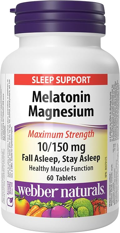 Webber Naturals Melatonin Magnesium 10/150 mg Maximum Strength, 60 Tablets