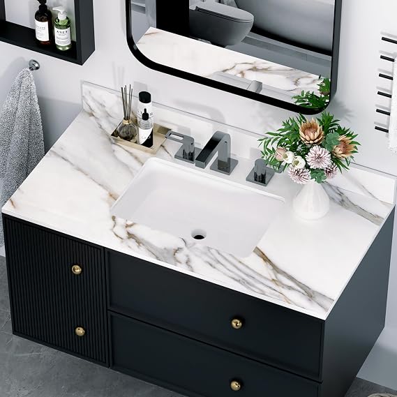 31 in 3 Hole Marble Vanity Top with Rectangular Middle Sink and 4" Height Backsplash, Pre-Drilled Hole (Cabinets not included)