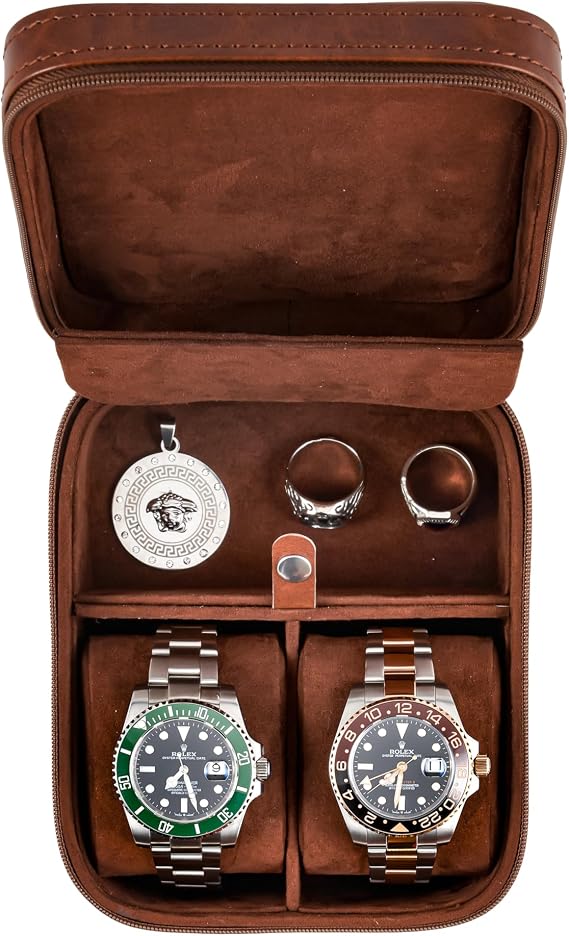 Awesometik 2 Slot Luxury Travel Faux Leather Watch Case. Watch Storage Organizer. Watch Display & Watch Holder. Perfect For Watch Collection. Ready to Gift for Men (2 Slot Watch Case)