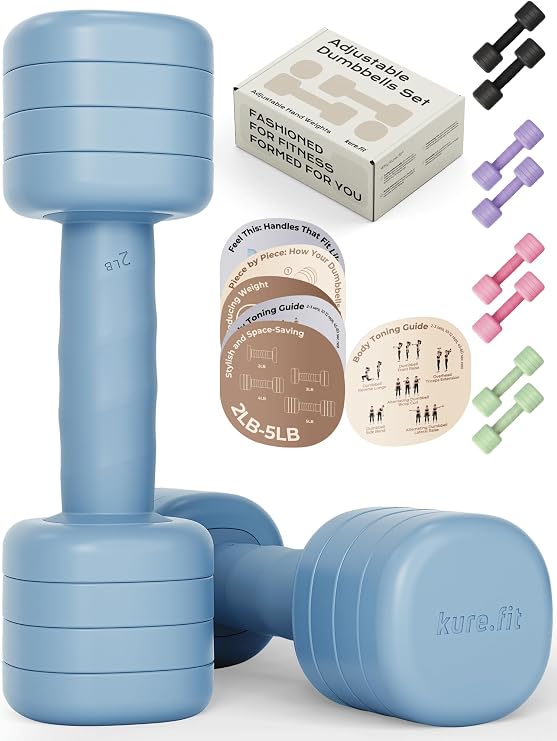 Adjustable Dumbbell Set|2LB 3LB 4LB 5LB Light Hand Weights for Women|One-Twist Weight Adjustment|Non-Slip Curved Grip Handle|Free Weights for Home Gym, Rehab, Pilates, Yoga, Strength Training