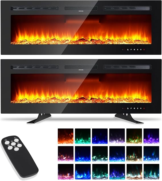 Electric Fireplace 50inch/127cm,Wall Mounted electric fire with Remote Control,12 Realistic 3D Flame Colors,2 Heat Settings 900/1800W,Adjustable Flame Brightness,with Touch Screen Control