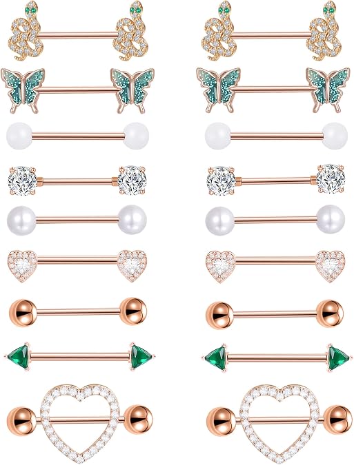 9 Pairs Nipple Rings 14G Stainless Steel Heart Butterfly Snake Ball Emerald Triangle CZ Barbell Tongue Rings Set Cute Body Piercing Jewelry for Women 16mm Rose Gold Silver Tone