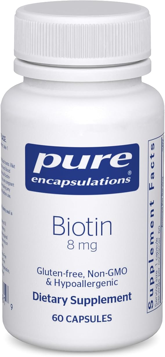 Pure Encapsulations Biotin 8 mg, 60 Counts | B Vitamin Supplement for Stress Relief, Hair, Skin, and Nail Strengthening, Metabolism, Carbohydrate
