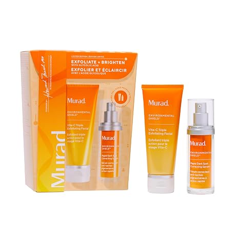 Murad Exfoliate + Brighten w/ Glycolic Acid - 2-Piece Gift Set ($171 Value) - Microdermabrasion-like facial for smoother skin and dark spots - Vita-C Cleanser 2.7Fl Oz, Rapid Dark Spot Serum 1.0Fl Oz