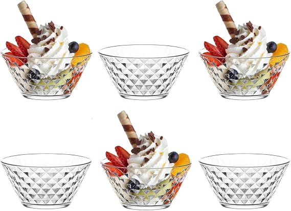Nordic Schiller Modern Crystal Glass Dessert Bowls Set 6, 330 ml, 100% Glass Dishwasher Safe Stackable Pudding Bowls, Glass Salad Bowls, Snack & Sauce Dishes, Dessert Dishes