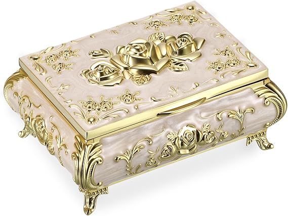 Hipiwe Small Vintage Jewelry Box Metal Trinket Keepsake Box Gift for Women | Rectangular Treasure Chest Organizer for Rings Earrings Display Storage Holder, Beige with Gold Rose Pattern