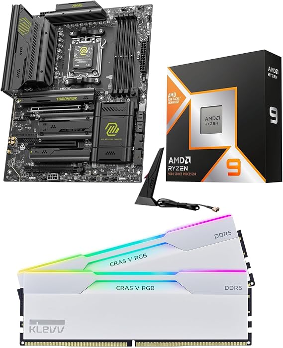 Micro Center CPU Motherboard Memory Combo: AMD Ryzen 9 9950X3D CPU Processor with MSI MAG X870E Tomahawk WiFi ATX Motherboard and KLEVV CRAS V RGB DDR5 32GB (2x16GB) 6000MHz CL30 SK Ram Memory White