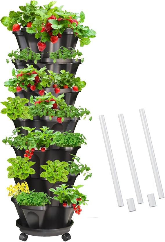 Vertical Planters Strawberry 7-Tier Stacking Tower Garden with Support Pole Stackable Herb Vegetable Planters for Indoor Outdoor Black