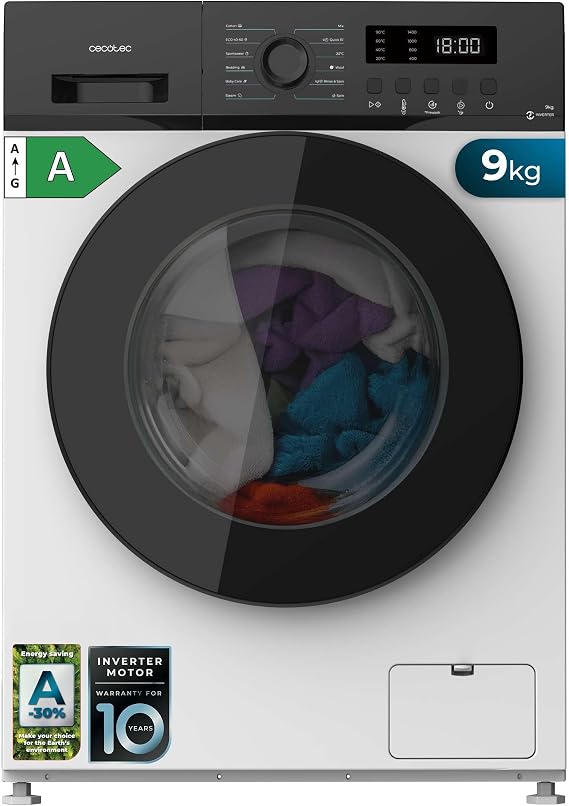 Cecotec Washing Machine 9K Front Load Bolero DressCode 9155 Inverter. Class A-30%, 1400RPM, 12 Programs, Inverter Plus Motor, Low Consumption, Steam Max, Drum Clean, Delay Start, PreWash, LED Control Panel [Energy Class A]