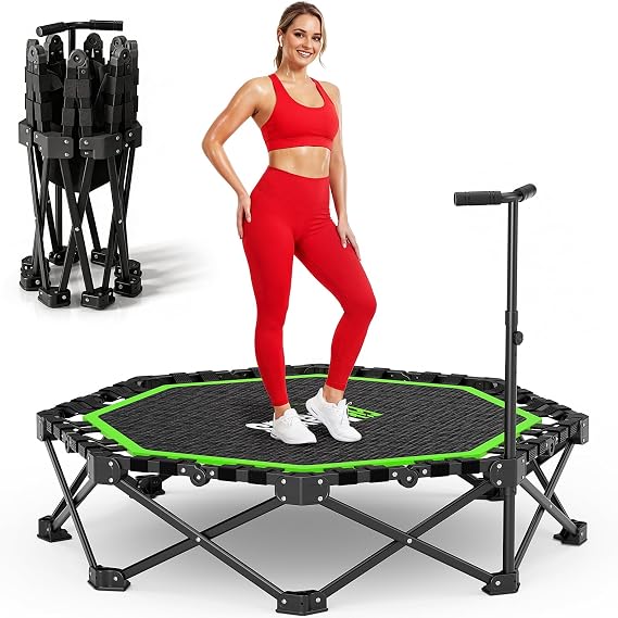 48" Foldable Mini Trampoline, 460lb Capacity Rebounder with Adjustable T-Bar for Adults, Home Gym Fitness Equipment (Black Green)