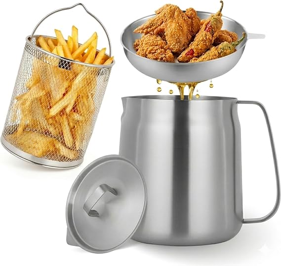 68oz Stainless Steel Oil Filter Pot with Deep Fryer Basket & Oil Strainer, 304 Food Grade Deep Fryer, Bacon Grease Saver Container for Kitchen Cooking & Camping Japanese Tempura Fryer Pot (2L)