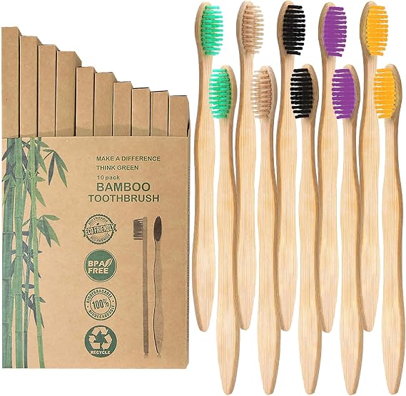 10Pcs Natural Bamboo Toothbrushes,Soft Medium Bristles for Adult Oral Care