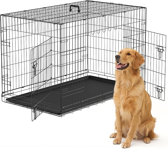 The Fellie XL Metal Dog Cage Large with 2 Doors, 48" Foldable Training Cage for Puppy, Easy Clean Dog Crates with Removable Plastic Tray, Portable Travel Crate for Puppy