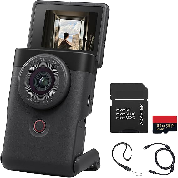 Canon PowerShot V10 Vlog Camera Compact 4K Vlogging Camera with Built-in Stand, Mics & Flip Screen (Black) (5947C002) + Shoulder Bag + 64GB Memory Card