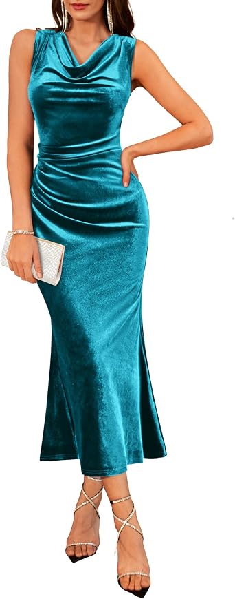 GRACE KARIN 2025 Velvet Wedding Guest Dresses for Women, Winter Formal Cocktail Maxi Dress, Cowl Neck Mermaid Evening Gown